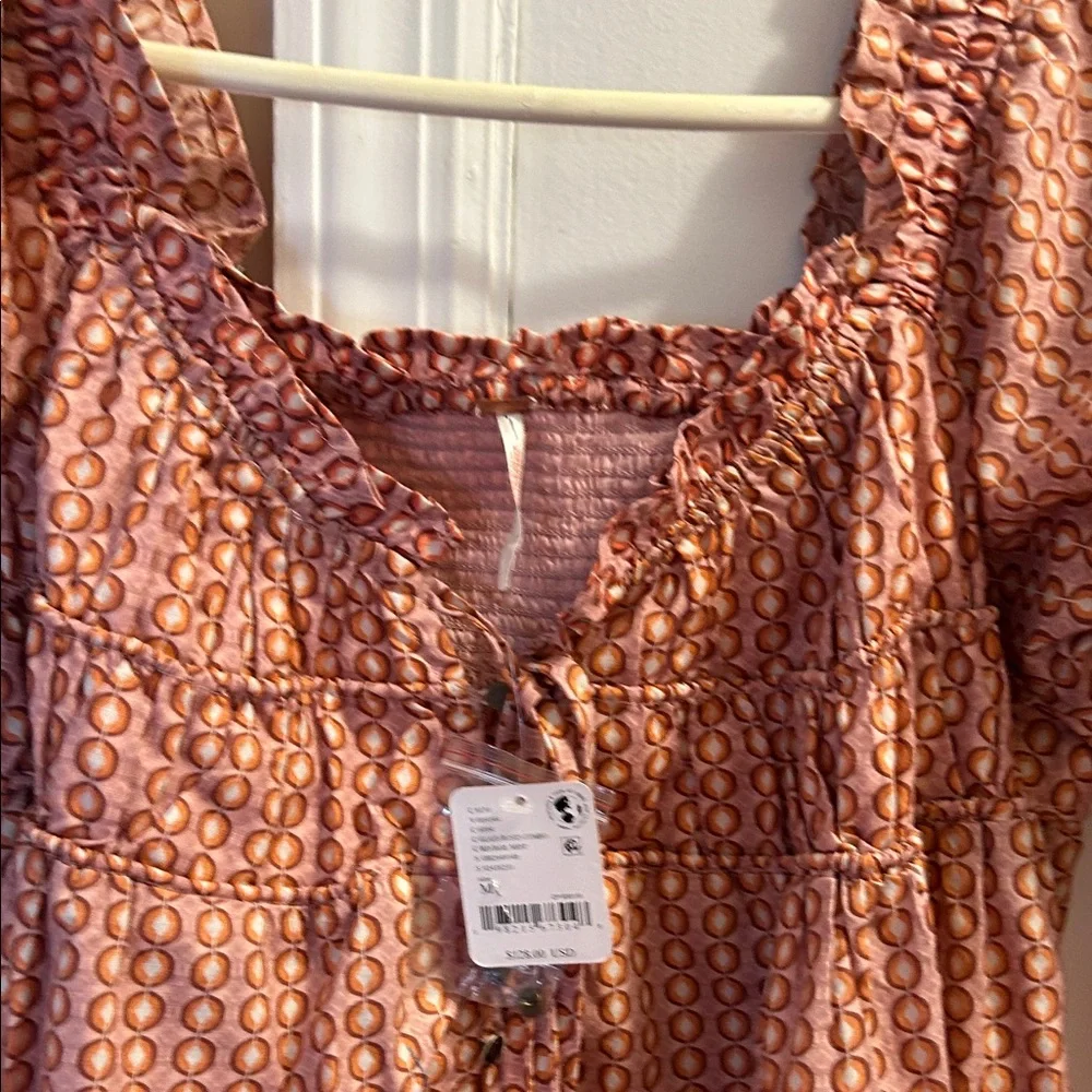 Free People  new with tags Pink Patterned Smocked Long Sleeve Dress - Picture 3 of 5